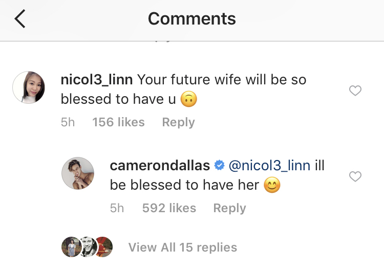 cameron dallas manželka instagram komentář